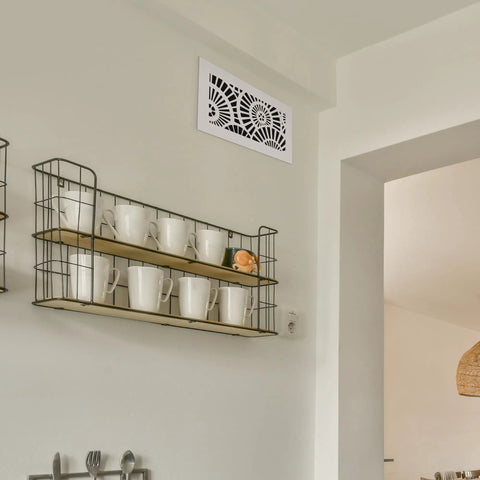 Decorative Acrylic Air Vent Cover Grille For Ducts 6x14 Opening And 8x16 Overall White Finish Waterwheel Style mounted on wall