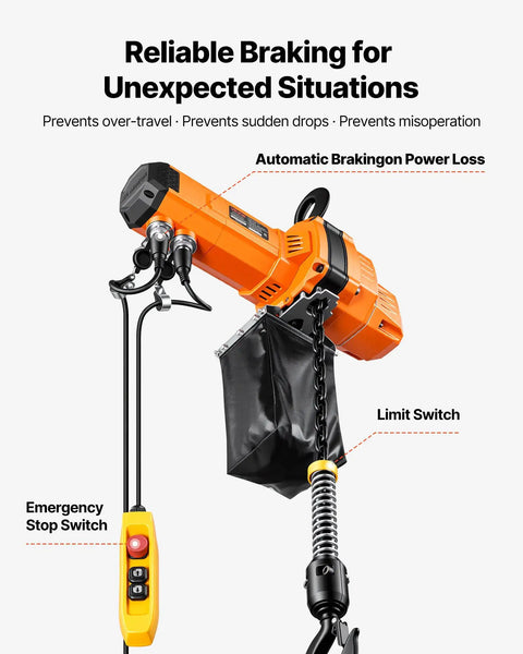Heavy Duty 2200 Lbs Electric Chain Hoist With 10 Ft Lift, 120V Single Phase Motor, G100 Grade Steel Cable, detailed view of controls and braking features.