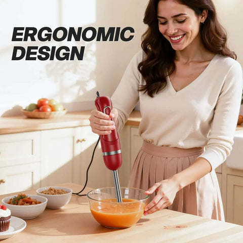 A woman using the Knockout Corded Immersion Blender With 400 Watt Motor And Turbo Boost to blend soup in a bowl.