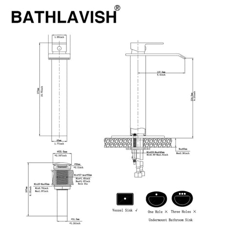 Technical drawing of Matte Black Vessel Sink Faucet Solid Brass Tall Waterfall Style For Single Hole Sinks Modern Vanity Bath RV.