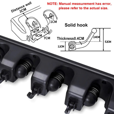 Diagram of Heavy Duty Wall Mount Broom And Mop Organizer With Hooks for Garage and Laundry Room with measurement details