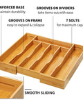 Expandable Bamboo Kitchen Drawer Organizer For Cutlery And Utensils, Adjustable Wood Cutlery Tray In Drawer For Flatware And Silverware, Natural Finish, Keeps Your Drawer Neat And Looking Sharp, Fits 10 To 15 Inch Wide Drawers, showing grooves and slots.