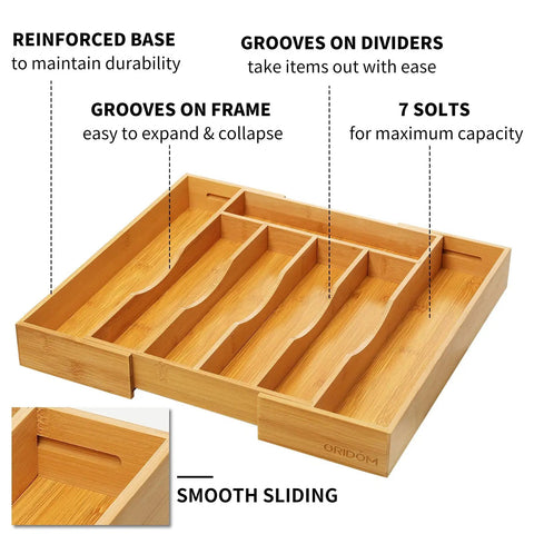 Expandable Bamboo Kitchen Drawer Organizer For Cutlery And Utensils, Adjustable Wood Cutlery Tray In Drawer For Flatware And Silverware, Natural Finish, Keeps Your Drawer Neat And Looking Sharp, Fits 10 To 15 Inch Wide Drawers, showing grooves and slots.