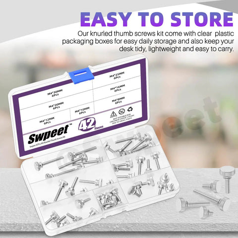 Hella Secure M4 Knurled Thumb Screws Assortment Kit With Nickel Plated Flat Heads displayed in a clear storage box with different sizes.
