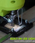 Close-up of Badass 12V Cordless Jigsaw Kit with built-in LED light for improved visibility in woodworking.