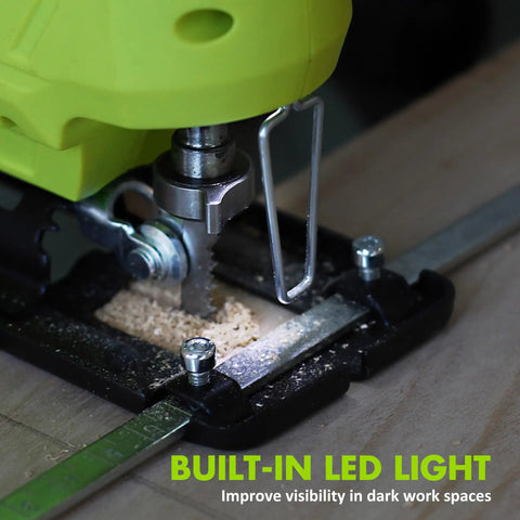 Close-up of Badass 12V Cordless Jigsaw Kit with built-in LED light for improved visibility in woodworking.