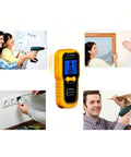 AUNMAS ABS Construction Handheld Stud Finder Wall Scanner with LCD Display in use by people, detecting studs and wiring.