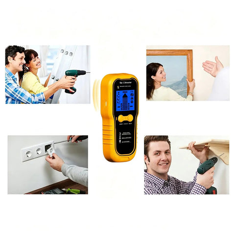 AUNMAS ABS Construction Handheld Stud Finder Wall Scanner with LCD Display in use by people, detecting studs and wiring.