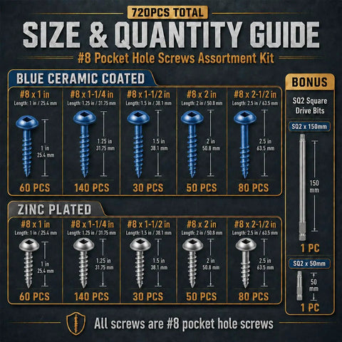 Pro Grade Pocket Hole Screws Kit With 720 Pieces In Five Sizes Eight By One Inch One And A Quarter Inch One And A Half Inch Two Inch And Two And A Half Inch Blue And Zinc Coated Square Drive Self Tapping Coarse Thread Wood Screws Set With Drive Bit size and quantity guide