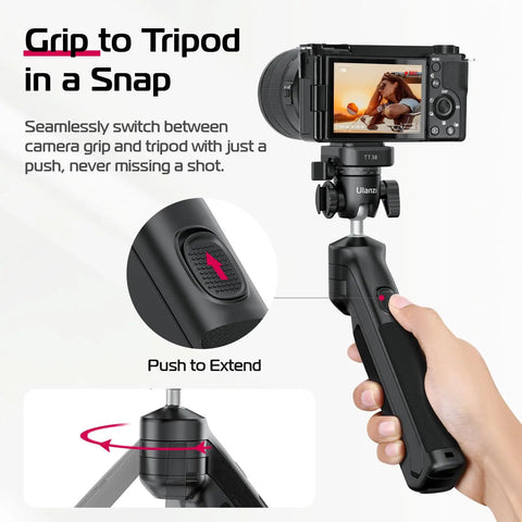 Hand holding One-Click Opening Vlogging Tripod With Quick-Release System, Cold Shoe Mount; camera mounted, push to extend feature.