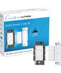 Three Way Smart Dimmer Light Switch Kit With Pico Remote Bracket No Neutral Needed Turns Your Existing Lights Into A Smart Dimmer System Works With Alexa Google Home Apple Home Ring White shown with packaging and components