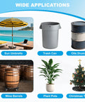 Wide applications of Adjustable Drum Dolly With Locking Wheels for drums, planters, trash cans, and more, shown with various items.