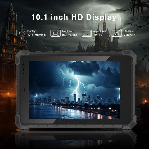 Heavy Duty 10.1 Inch Windows 11 Pro Rugged Tablet With Intel N5100 8Gb Ram 128Gb IP68 Waterproof Drop Proof showing 10.1 inch display with city skyline under storm.