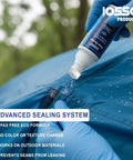 Applying Invisible Protection Seam Sealer for Fabric 4oz PFAS Free Waterproof Sealant on blue tent seam with dropper bottle, UV shield.