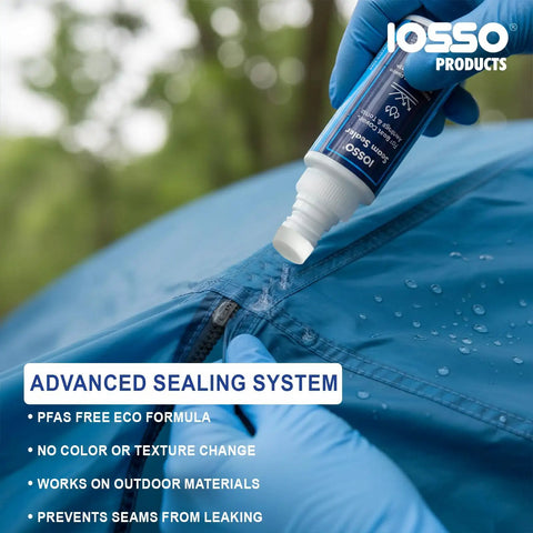 Applying Invisible Protection Seam Sealer for Fabric 4oz PFAS Free Waterproof Sealant on blue tent seam with dropper bottle, UV shield.