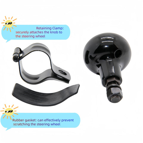 One Hand Drive Steering Wheel Knob Power Handle with clamp and rubber gasket, stainless steel and ABS build for universal fit.