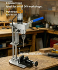 Compact Mini Drill Press Table Packing Beefy Torque And Smooth Variable Speed Controls Made Tough for DIY workshops with 5-inch height.