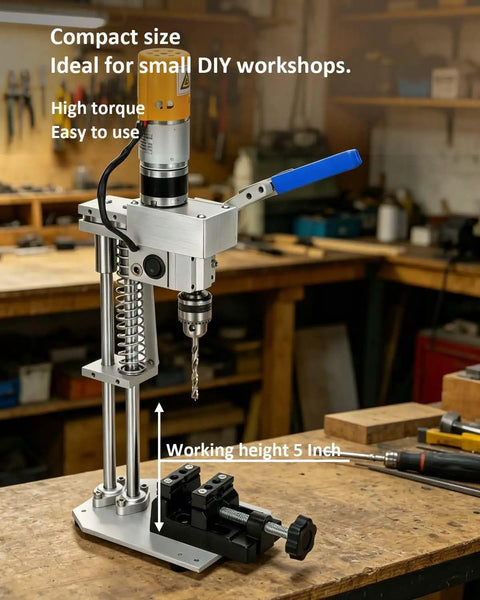 Compact Mini Drill Press Table Packing Beefy Torque And Smooth Variable Speed Controls Made Tough for DIY workshops with 5-inch height.