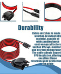 Heavy Duty Solar Cable Entry Gland Kit With 10AWG MC4 Connectors And Tinned Copper Wire Weatherproof Junction Box for RVs Boats Campers And Vans Easy Install High Conductivity For Smooth Power Transfer with red and black cables shown.