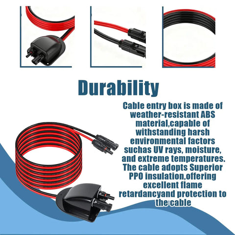 Heavy Duty Solar Cable Entry Gland Kit With 10AWG MC4 Connectors And Tinned Copper Wire Weatherproof Junction Box for RVs Boats Campers And Vans Easy Install High Conductivity For Smooth Power Transfer with red and black cables shown.