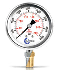 Glycerin Filled Pressure Gauge 4000 PSI With 2.5 Inch Dial, 1/4 NPT Lower Mount, 304 Stainless Steel Case, Brass Wetted Parts, Dual Scale PSI Bar