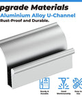 Aluminium alloy U-channel for shower doors, showcasing rust-proof and durable design with highlighted icons for durability, workmanship, and usability.