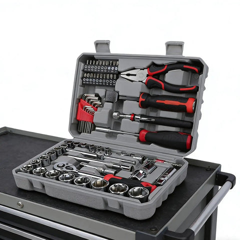 62 Piece Tool Box Set For Home Garage And DIY Projects With Metric Sockets Ratchets Wrenches Screwdriver Bits Pliers And Handy Accessories