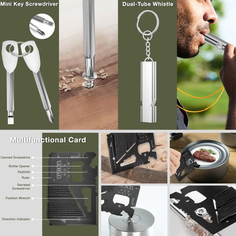 19 Piece Survival Kit For Outdoors Lovers including mini key screwdriver, dual-tube whistle, multifunctional card tool.