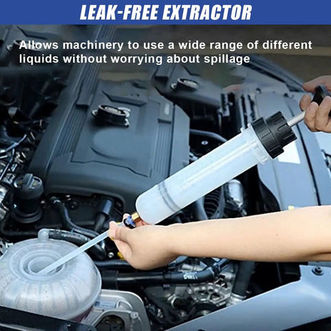 Top Shelf Vacuum Fluid Extractor Syringe Oil Pump With Extended Reinforced Hose in use for clean oil extraction.