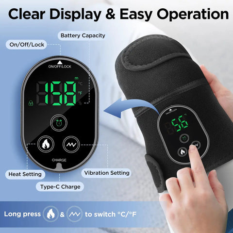 Display and controls of Cordless Knee Massager With Heat And Battery Pack showing heat and vibration settings