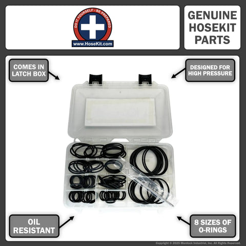 All In One Heavy Duty SAE Hydraulic O Ring Flange Kit With 80 Buna 90 O Rings For Code 61 And Code 62 High Pressure Seals Sized From One Half Inch To Two And One Half Inch Includes Eight SAE Sizes From Eight Through Thirty Two in a clear latch box.