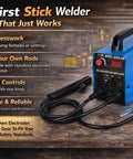 Portable 110V DC Inverter Stick Welder for Beginners And Home Projects with Easy Knob Controls shown on table with accessories