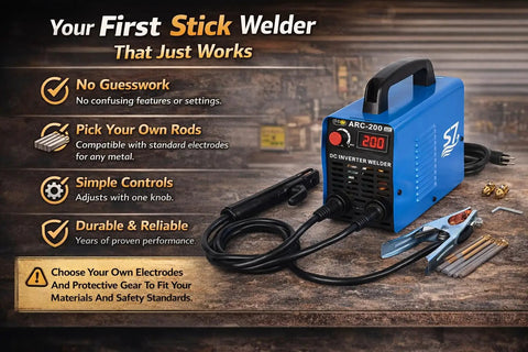 Portable 110V DC Inverter Stick Welder for Beginners And Home Projects with Easy Knob Controls shown on table with accessories