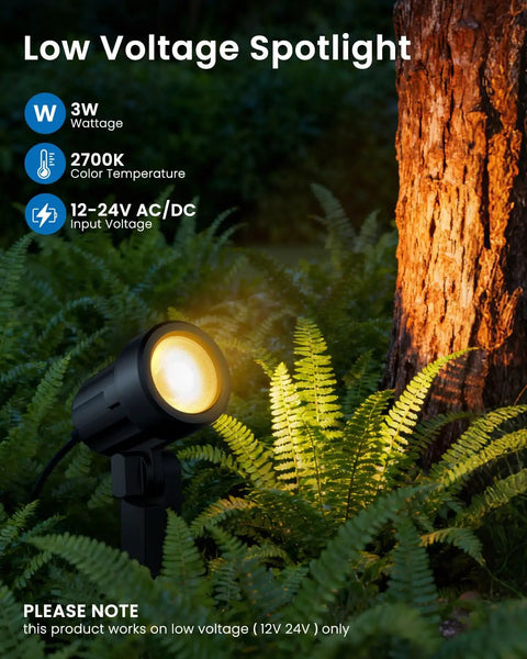 Low Voltage Landscape Lighting Kit With 12 Led Spotlights, 100 Ft Wire, Transformer And 24 Connectors illuminating tree trunk