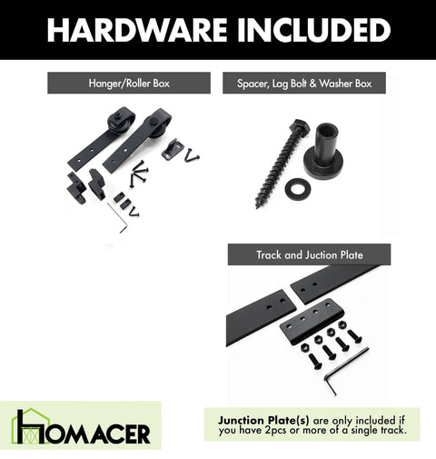 Image of Mini Black Rustic Non-Bypass Sliding Barn Door Hardware Kit For Single Door With 72-Inch Flat Track And Classic Roller Design, showing hardware components.