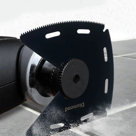 3 In 1 Oscillating Tool Blade For Cutting Scraping Grinding Wood Metal Plastic in action on tile surface