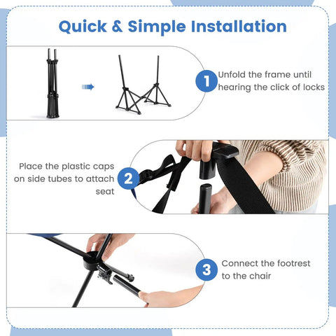 Steps for assembling Detachable And Retractable Footrest Hammock Camping Chair With Cozy Head Pillow, Outdoor Folding Swing Seat.