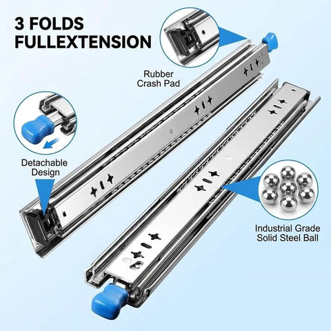 Beefy 53mm Width Heavy Duty Locking Drawer Slides With Lock 3 Fold Full Extension Side Mount Ball Bearing Rails 250 Lb Load