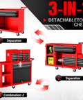8 Drawer Rolling Tool Chest Built Like A Tank Heavy Duty Metal Tool Cabinet On Wheels With Locking Sliding Drawers Detachable Top Box And Side Hooks For Garage Workshop Repair Room Warehouse Red, 3-in-1 separated