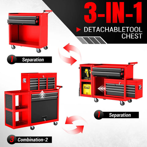 8 Drawer Rolling Tool Chest Built Like A Tank Heavy Duty Metal Tool Cabinet On Wheels With Locking Sliding Drawers Detachable Top Box And Side Hooks For Garage Workshop Repair Room Warehouse Red, 3-in-1 separated