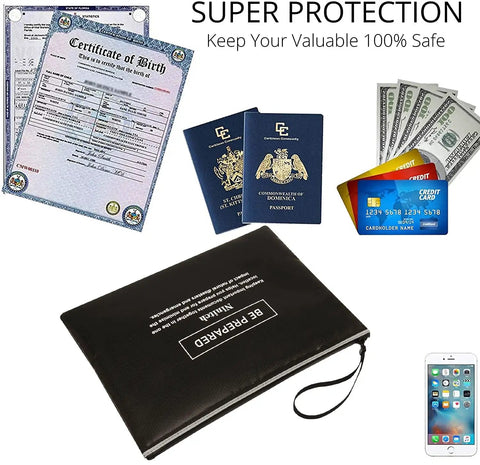 Heavy Duty Fireproof And Waterproof Cash Bag With Zipper Closure storing documents, passports, cash, and credit cards, black medium size