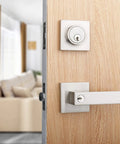 Exterior Door Lock Set With Deadbolt And Entry Lever In Satin Nickel Finish Built To Last Heavy Duty Single Cylinder Lockset For Front Doors Reversible Handle Ideal For Residential Or Commercial Use installed on wooden door with living room view
