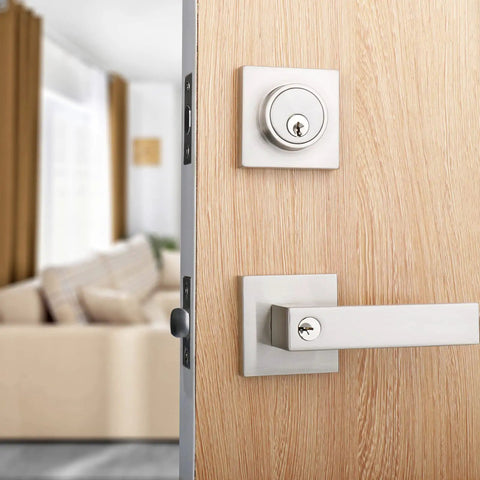 Exterior Door Lock Set With Deadbolt And Entry Lever In Satin Nickel Finish Built To Last Heavy Duty Single Cylinder Lockset For Front Doors Reversible Handle Ideal For Residential Or Commercial Use installed on wooden door with living room view