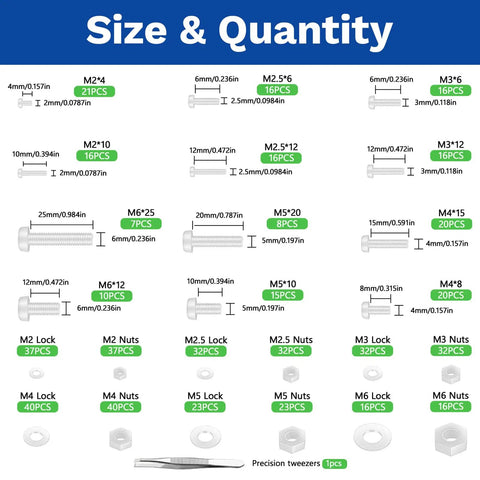 Kickass 500 Piece White Nylon Plastic Hex Head Screw And Nut Assortment Kit With Flat Washers And Nylon Gaskets Metric Full Threaded Fasteners In Sizes M2 To M6 Size and Quantity chart for hex fasteners