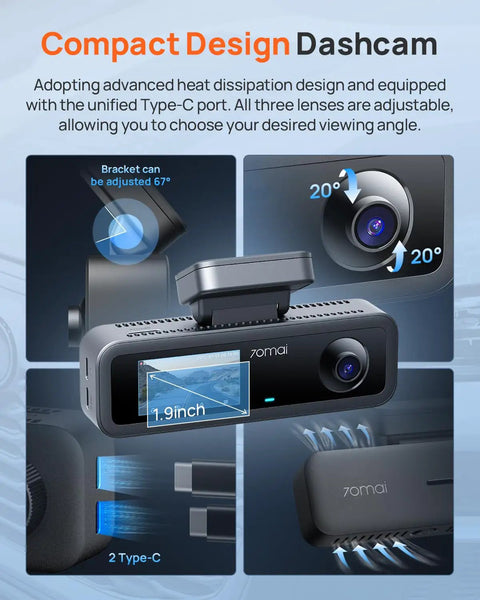 Beast 4K Front And Interior Dash Cam with Rear 1080P displayed with adjustable lens, Type-C ports, and compact design features.