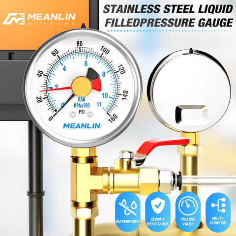 Front view of Meanlin stainless steel liquid-filled pressure gauge with 2.5 in dial, 0–160 psi.