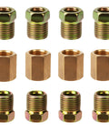 Front view: Brass brake line fittings, 12; 7/16-24 threads for 1/4 in brake line tube, includes 4 unions and 8 nuts