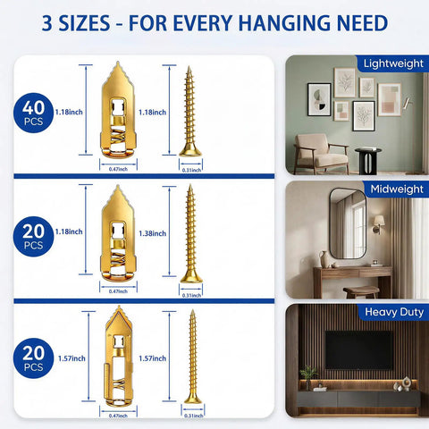 Heavy Duty 81 Piece Drywall Anchors And Screws Kit With Drill Bit Easy Install No Drill Steel Expansion Anchors For Sheetrock Holds Up To 100 Lbs Three Sizes For Hanging TVs Mirrors Picture Frames And More, 3 anchor sizes with screws
