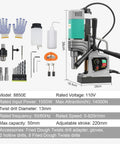 Badass Portable Magnetic Drill Press Powerful Professional 1550W Copper Motor And Two Inch Bore Variable Speed Up To 820 Rpm Smooth Operator with accessories.