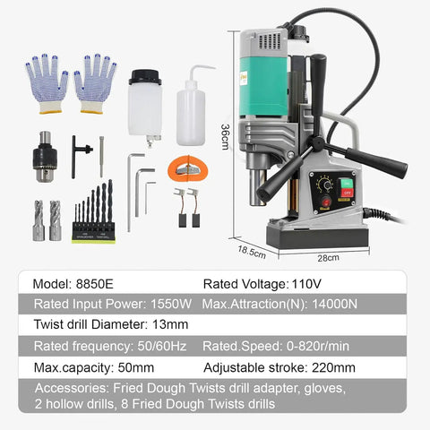 Badass Portable Magnetic Drill Press Powerful Professional 1550W Copper Motor And Two Inch Bore Variable Speed Up To 820 Rpm Smooth Operator with accessories.